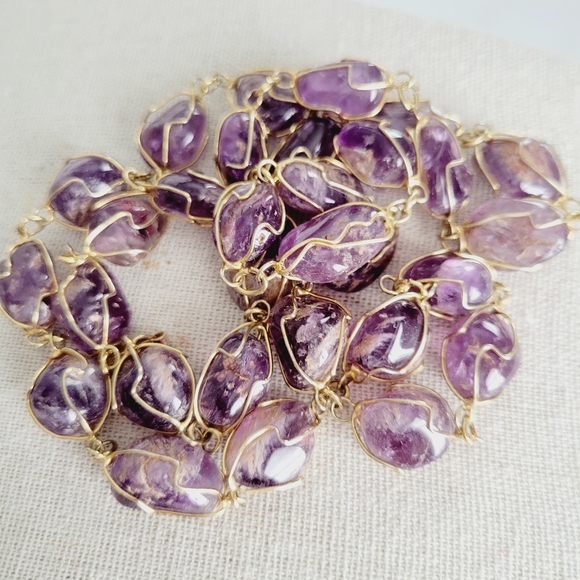 Natural emythyst quartz nuggets gold tone wired long necklace - Picture 3 of 4